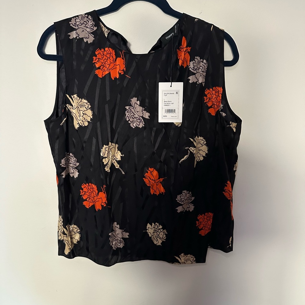 Theory Black Floral Sleeveless Blouse NWT